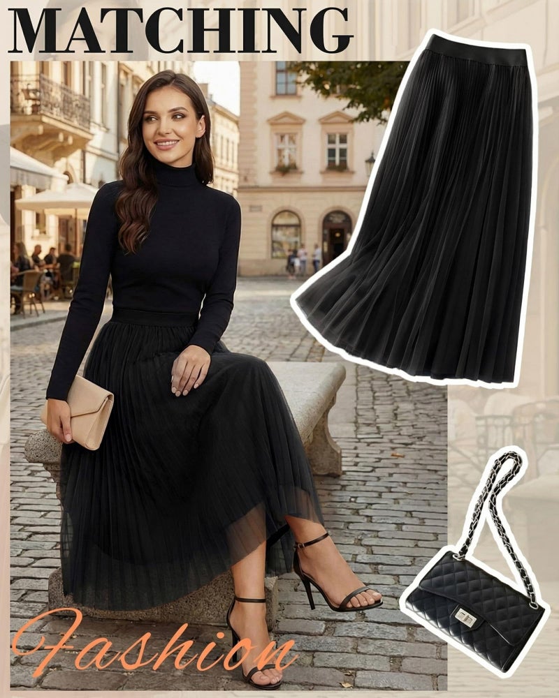 Cutecrop Women Tulle Skirt Fashion Pleated Mesh Skirt Elastic High Waist A Line Layered Flowy Party Wedding Daily Wear(Black,L) - Image 5