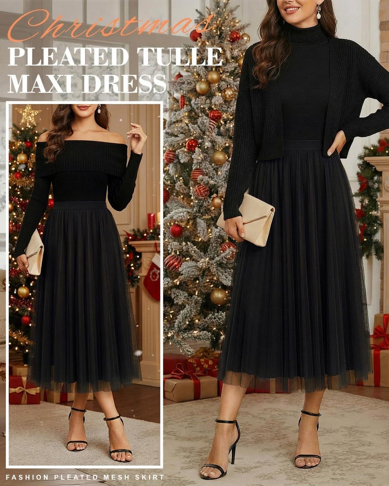 Cutecrop Women Tulle Skirt Fashion Pleated Mesh Skirt Elastic High Waist A Line Layered Flowy Party Wedding Daily Wear(Black,L) - Image 4