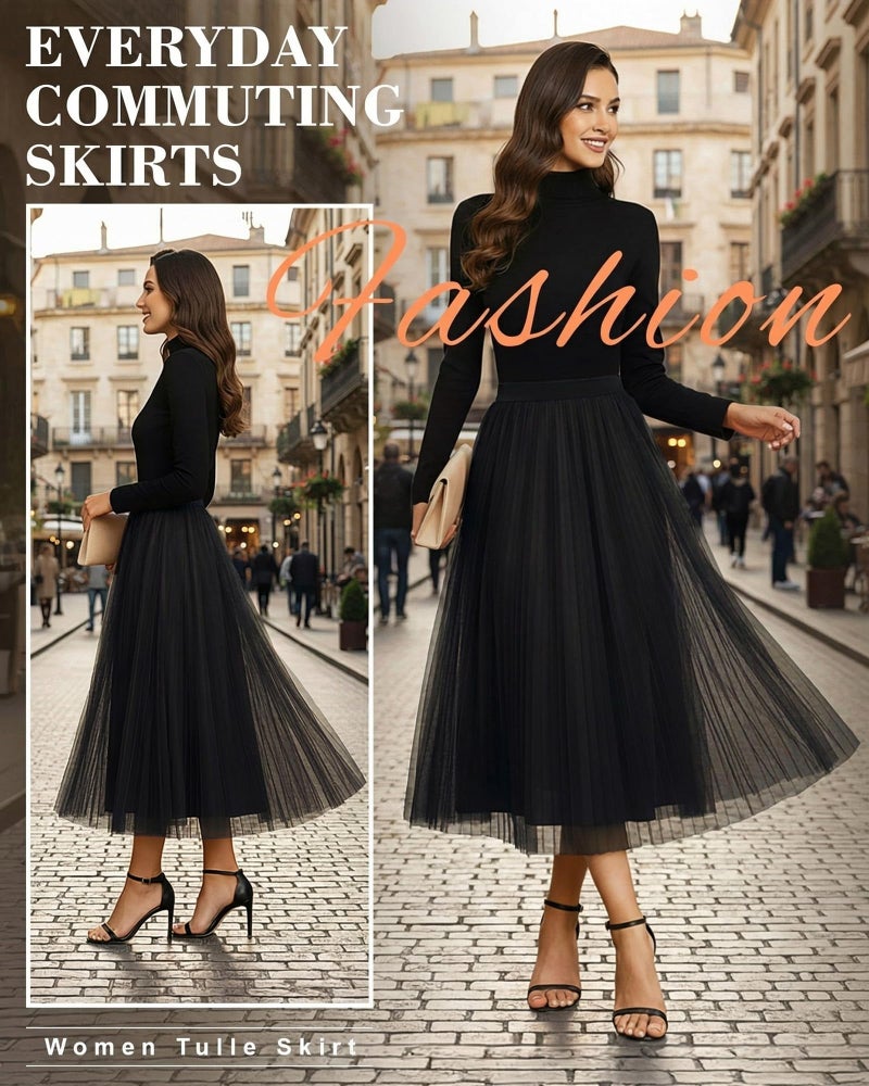 Cutecrop Women Tulle Skirt Fashion Pleated Mesh Skirt Elastic High Waist A Line Layered Flowy Party Wedding Daily Wear(Black,L) - Image 3