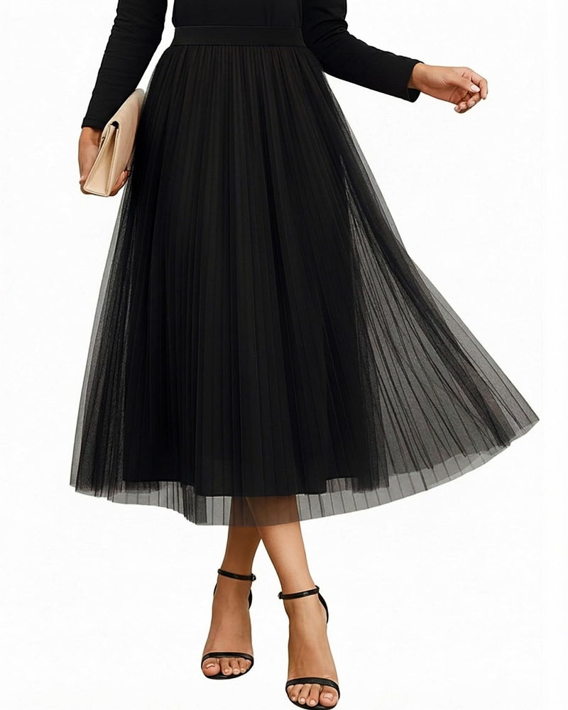 Cutecrop Women Tulle Skirt Fashion Pleated Mesh Skirt Elastic High Waist A Line Layered Flowy Party Wedding Daily Wear(Black,L) - Image 1