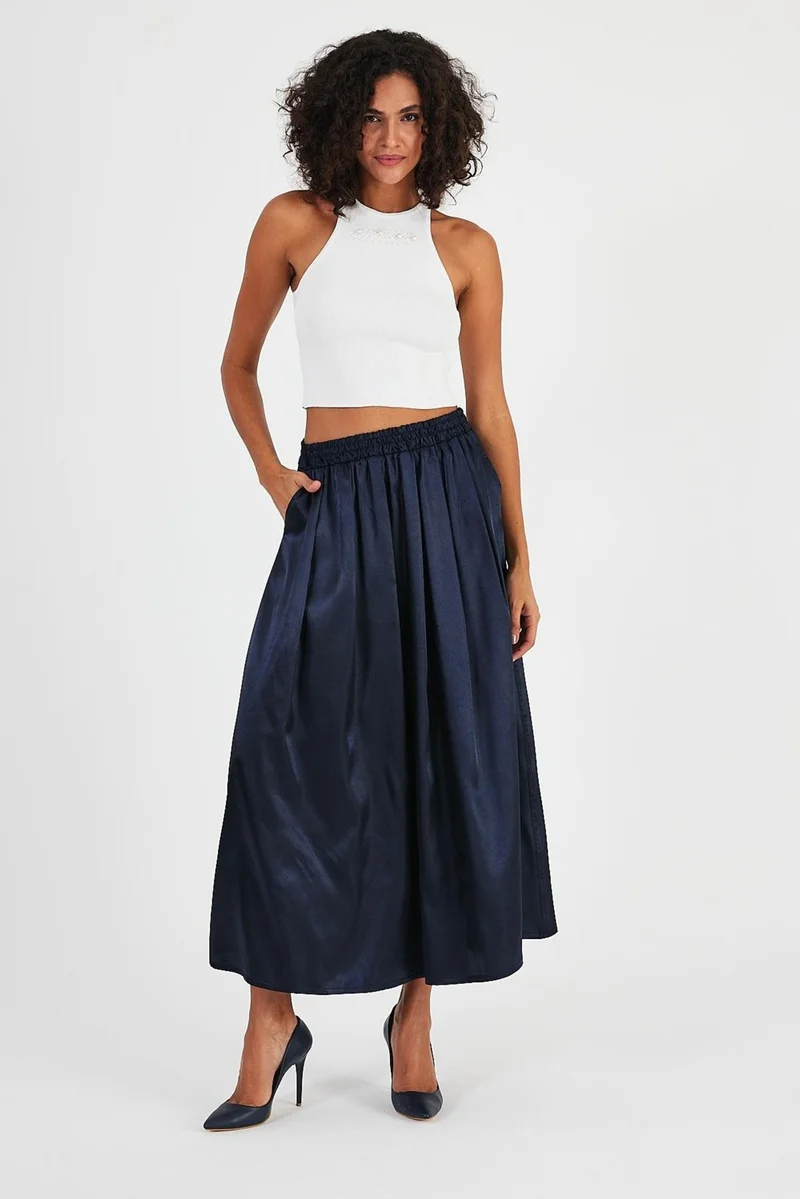 الكسندر جاردي Alexandergardı Pocketed Elastic Waist Pleated Flared Skirt (B24-00199)