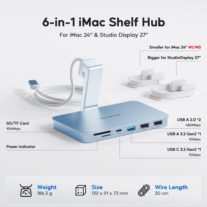 PULWTOP iMac Accessories for i-Mac 2021/2023/2024, PULWTOP USB C Hub for iMac with USB A/C 10Gbps, Hub for M1/M3/M4, 2USB A 2.0, SD/TF Card Reader for iMac24 inch & Studio Display 2 Blue - Image 2