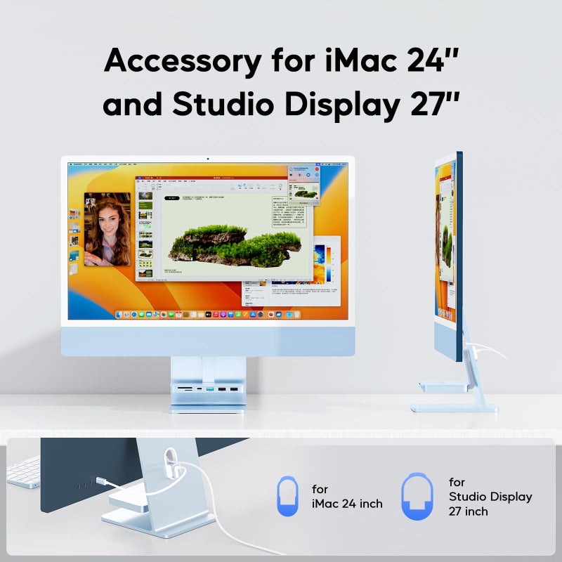 PULWTOP iMac Accessories for i-Mac 2021/2023/2024, PULWTOP USB C Hub for iMac with USB A/C 10Gbps, Hub for M1/M3/M4, 2USB A 2.0, SD/TF Card Reader for iMac24 inch & Studio Display 2 Blue - Image 4