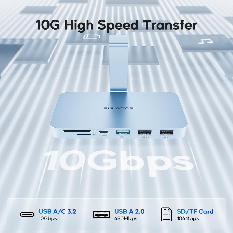 PULWTOP iMac Accessories for i-Mac 2021/2023/2024, PULWTOP USB C Hub for iMac with USB A/C 10Gbps, Hub for M1/M3/M4, 2USB A 2.0, SD/TF Card Reader for iMac24 inch & Studio Display 2 Blue - Image 3
