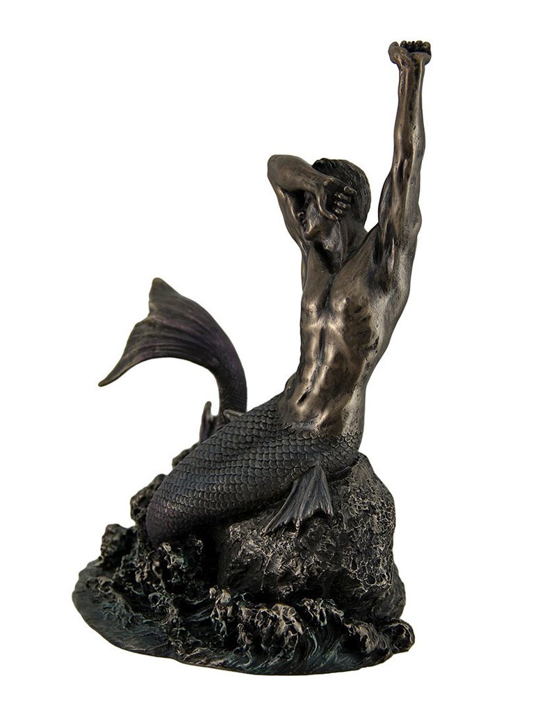 Veronese Design تمثال مerman بتصميم Veronese بارتفاع 7 7/8"" على صخرة بتشطيب برونزي عتيق من الراتنج المصبوب البارد، تمثال حورية البحر البحرية - Image 2