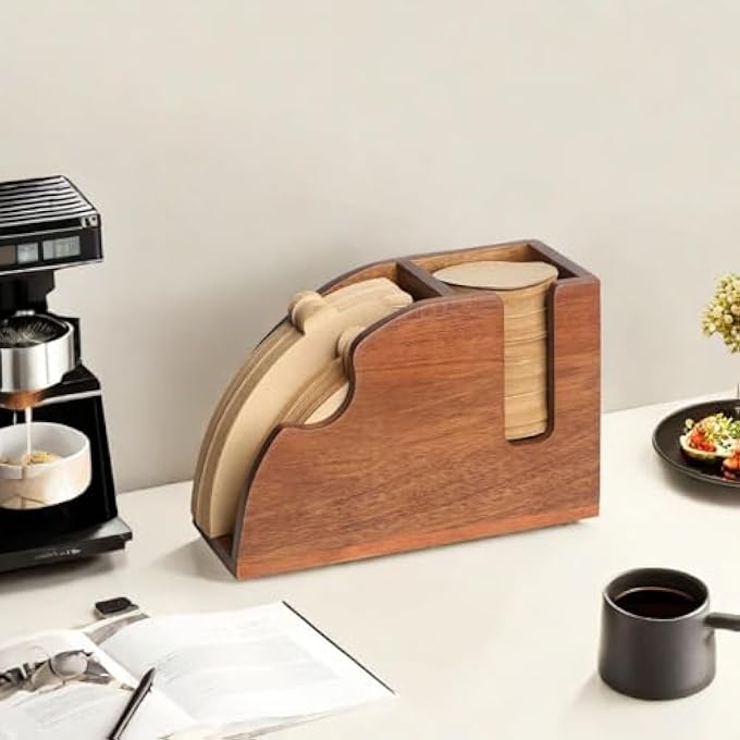 ريحني حامل فلتر القهوة الخشبي: رف تخزين ورق القهوة لهاريو V600102 فلتر، قرص K، ورق قهوة، فلاتر خشبية. - Image 5