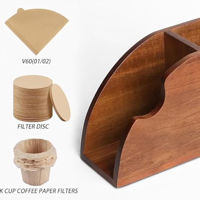 ريحني حامل فلتر القهوة الخشبي: رف تخزين ورق القهوة لهاريو V600102 فلتر، قرص K، ورق قهوة، فلاتر خشبية. - Image 4