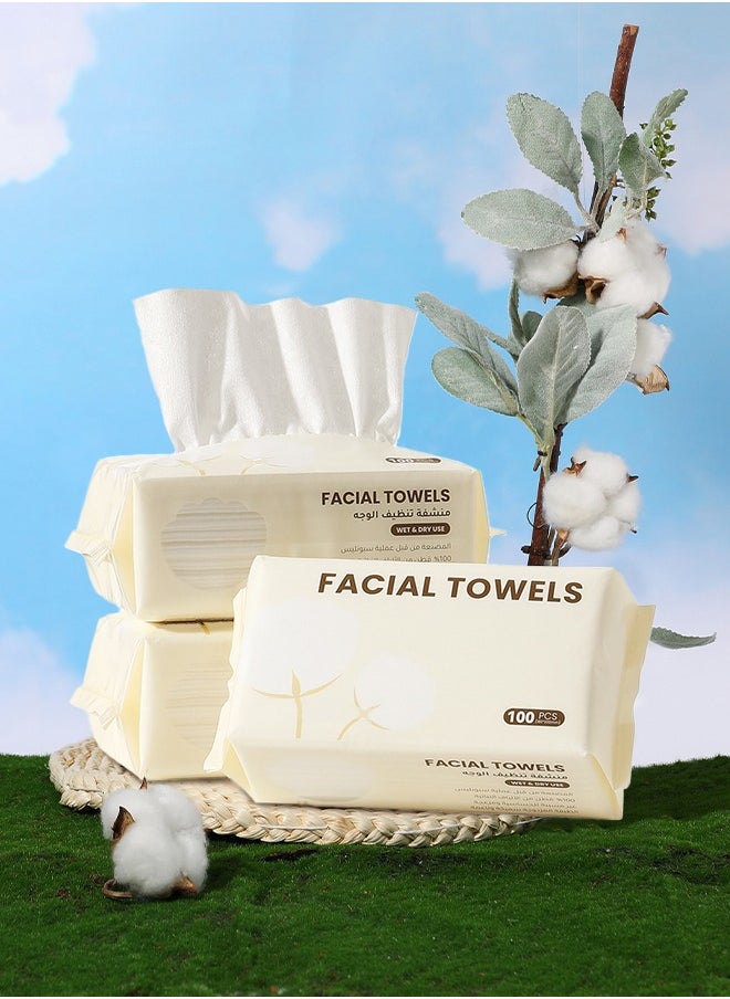 Riolio 3 Pack 300pcs Disposable Face Towel, Cotton Tissue Soft Dry Wipes for Women, Simple Cleaning Facial Tissues Dry Wet Dual Portable Use for Sensitive Skin & Baby & Makeup Remover & Personal Care  - Image 1