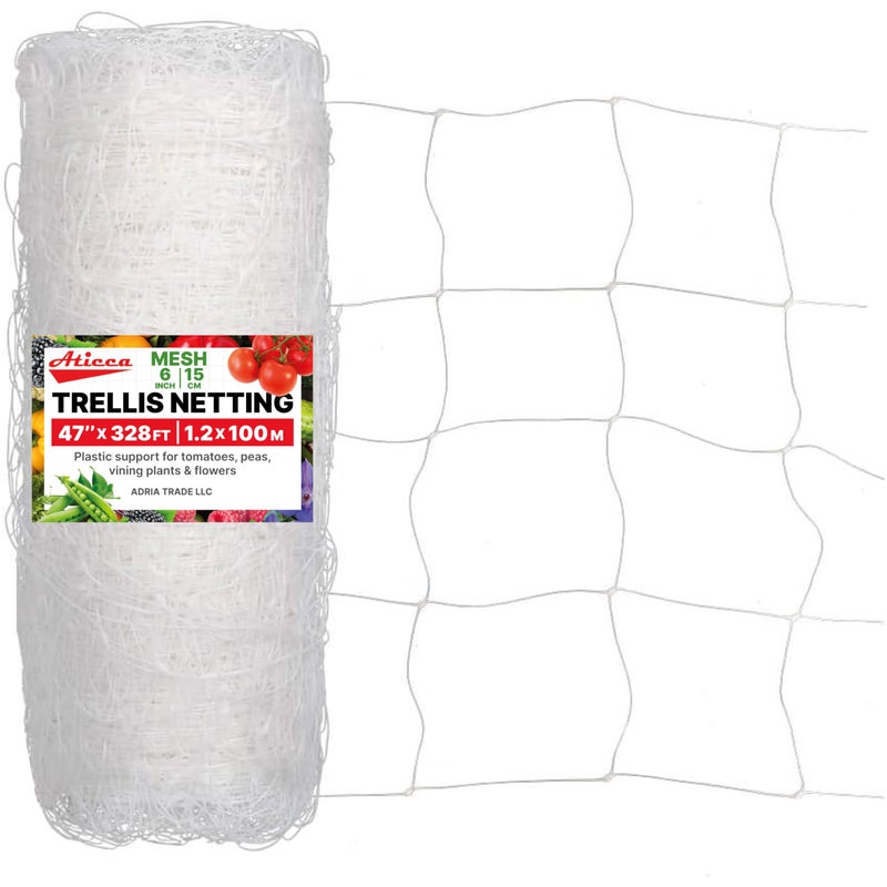 ATICCA Plastic Trellis Netting 47" x 328 ft Heavy Duty Plant Support Netting White - 6 Inch Garden Trellis on Roll - Mesh for Growing Vine Climbing Plants, Flowers, Peas, and Cucumber - Image 1