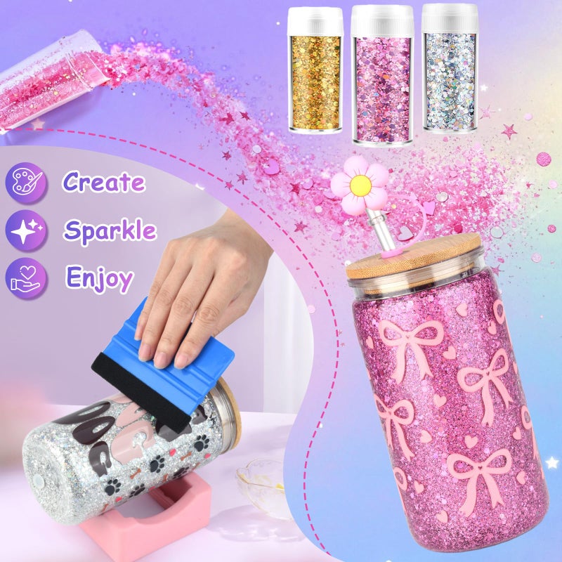 kiddgroo Snow Globe Tumbler Supplies ï¼Œ16 Pcs DIY Glitter Snowglobe Cup Setâ€“ Includes 16oz Double-Wall Acrylic Tumbler, UV DTF Wraps, Craft Glitter, and DIY Tools - Image 3