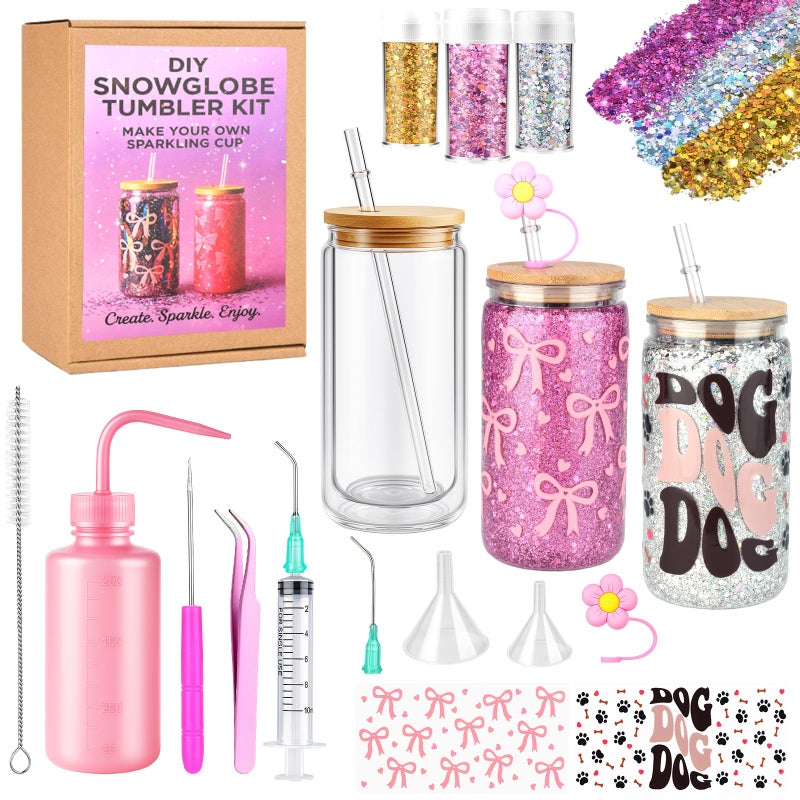 kiddgroo Snow Globe Tumbler Supplies ï¼Œ16 Pcs DIY Glitter Snowglobe Cup Setâ€“ Includes 16oz Double-Wall Acrylic Tumbler, UV DTF Wraps, Craft Glitter, and DIY Tools - Image 1