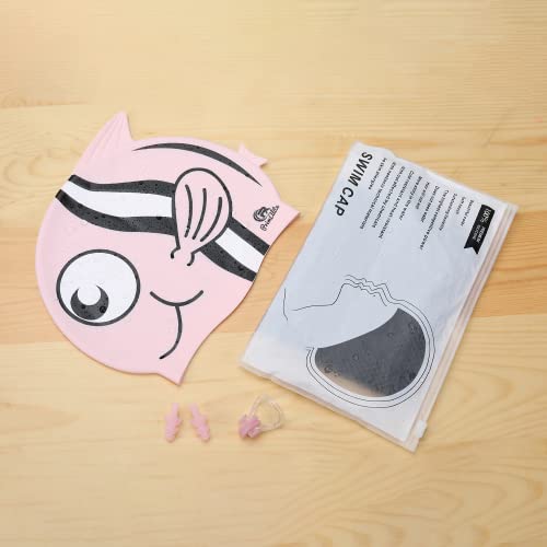 Primalite Swim Caps for Kids- Aged 3-12, Happy Fish Cartoon Design, Silicone Waterproof Comfy Bathing Cap Swimming Hat for Long & Short Hair, Waterproof Stretchy for Children, Boys & Girls- Pink - Image 3