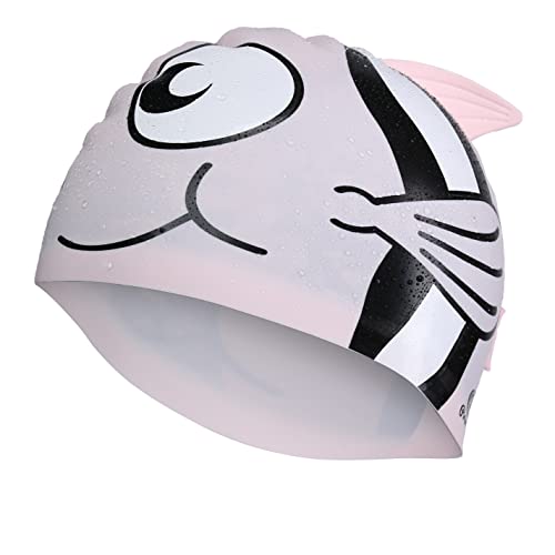 Primalite Swim Caps for Kids- Aged 3-12, Happy Fish Cartoon Design, Silicone Waterproof Comfy Bathing Cap Swimming Hat for Long & Short Hair, Waterproof Stretchy for Children, Boys & Girls- Pink - Image 2