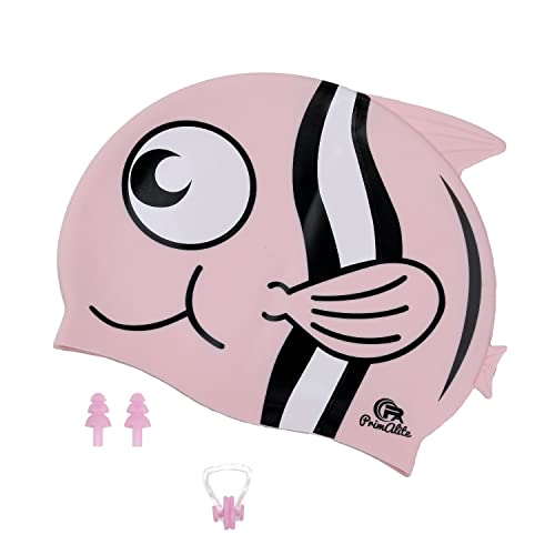 Primalite Swim Caps for Kids- Aged 3-12, Happy Fish Cartoon Design, Silicone Waterproof Comfy Bathing Cap Swimming Hat for Long & Short Hair, Waterproof Stretchy for Children, Boys & Girls- Pink - Image 1