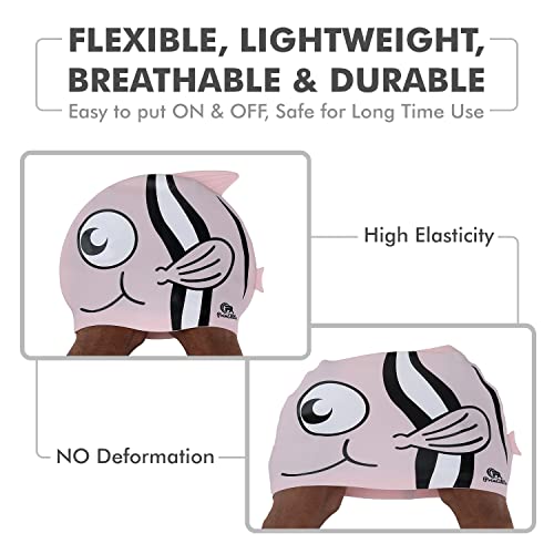 Primalite Swim Caps for Kids- Aged 3-12, Happy Fish Cartoon Design, Silicone Waterproof Comfy Bathing Cap Swimming Hat for Long & Short Hair, Waterproof Stretchy for Children, Boys & Girls- Pink - Image 5