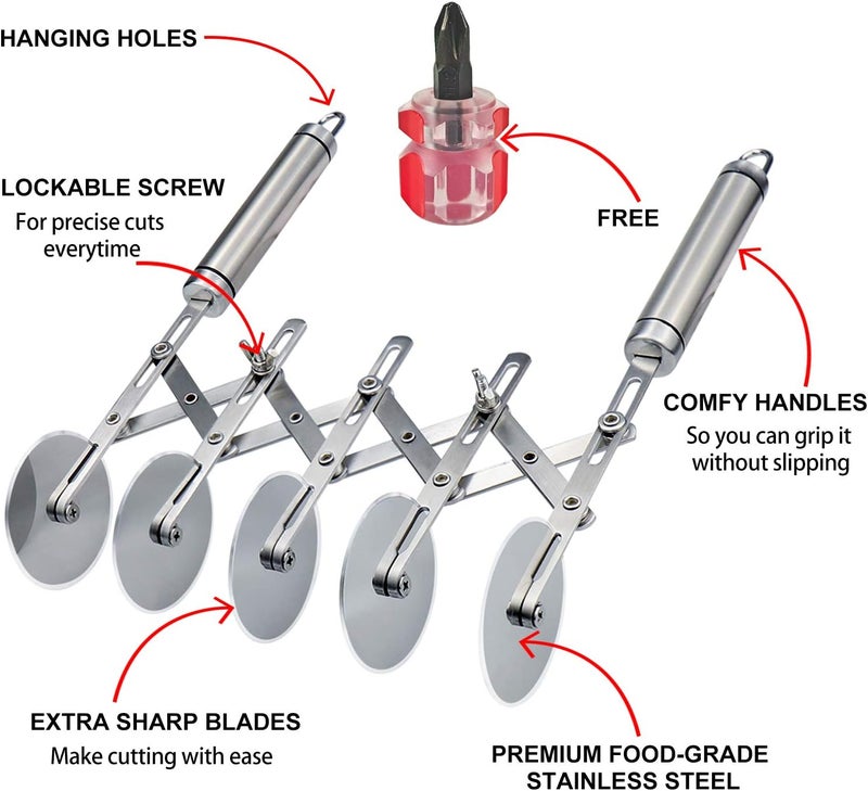 Juome 5 Wheel Pastry Cutter Stainless Pizza Slicer Multi-Round Dough Cutter Roller Cookie Pastry Knife Divider with Handle - Image 3