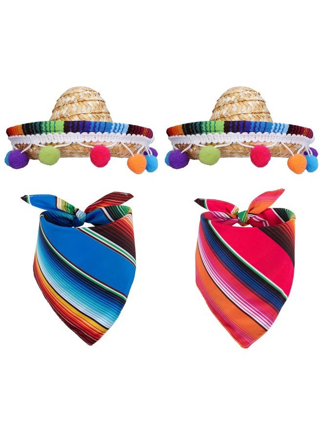 Whaline Mexican Theme Dog Costumes Cinco De Mayo Colorful Dog Bandana and Sombrero Straw Hat with Felt Pom Ball Mexican Fiesta Party Pets Accessories for Carnival Independence Day Party Supplies, 4Pcs - Image 2