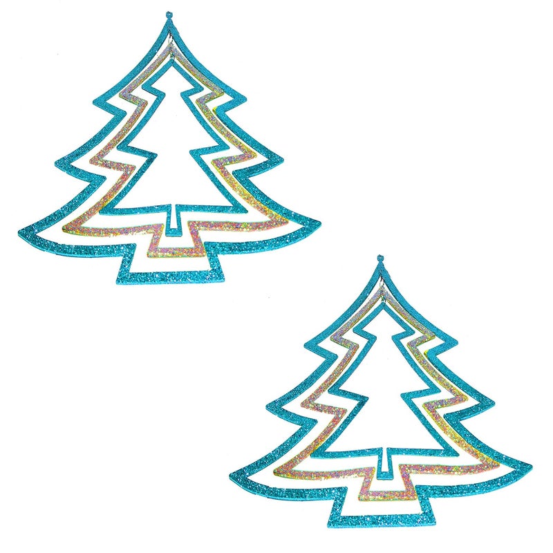 Jades Christmas Decorative 3D Glitter Hanging Tree Set of 2 Blue Gold - Image 1