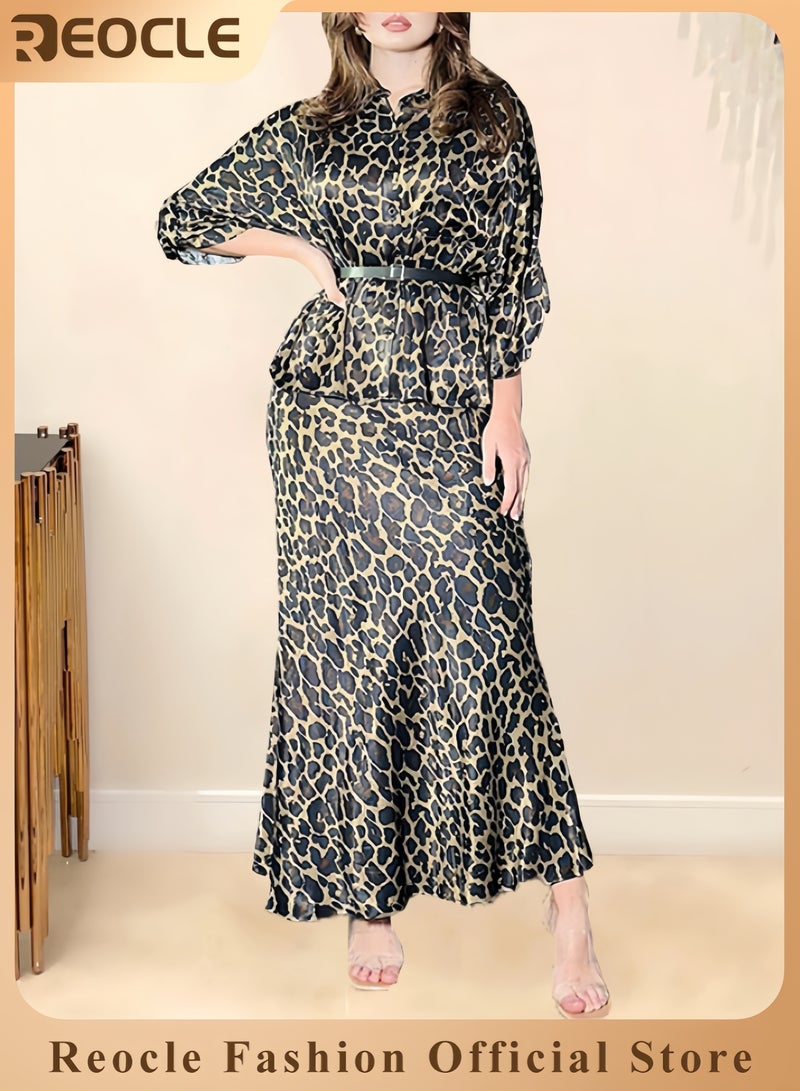 REOCLE Women's Leopard Dresses for Women Elegant and Modern Button Down Long Sleeve Blouse Tops and Long Dress with Black Belt - Image 1