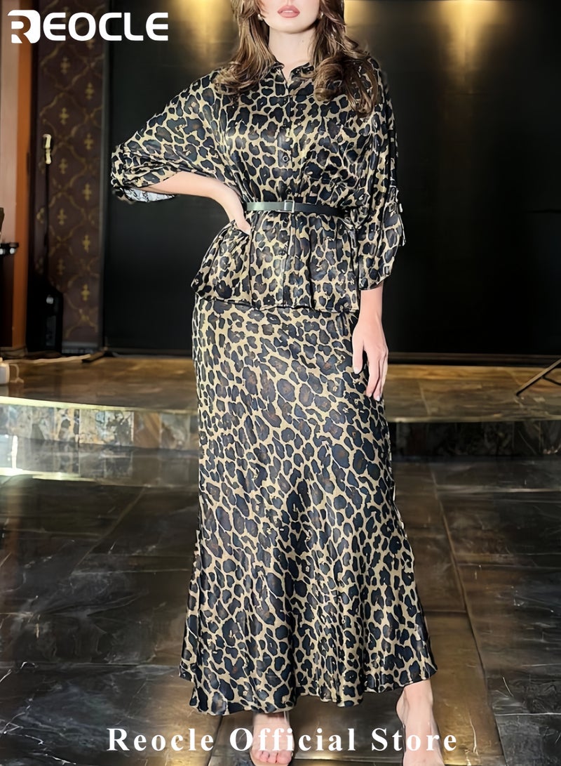 REOCLE Women's Leopard Dresses for Women Elegant and Modern Button Down Long Sleeve Blouse Tops and Long Dress with Black Belt - Image 2