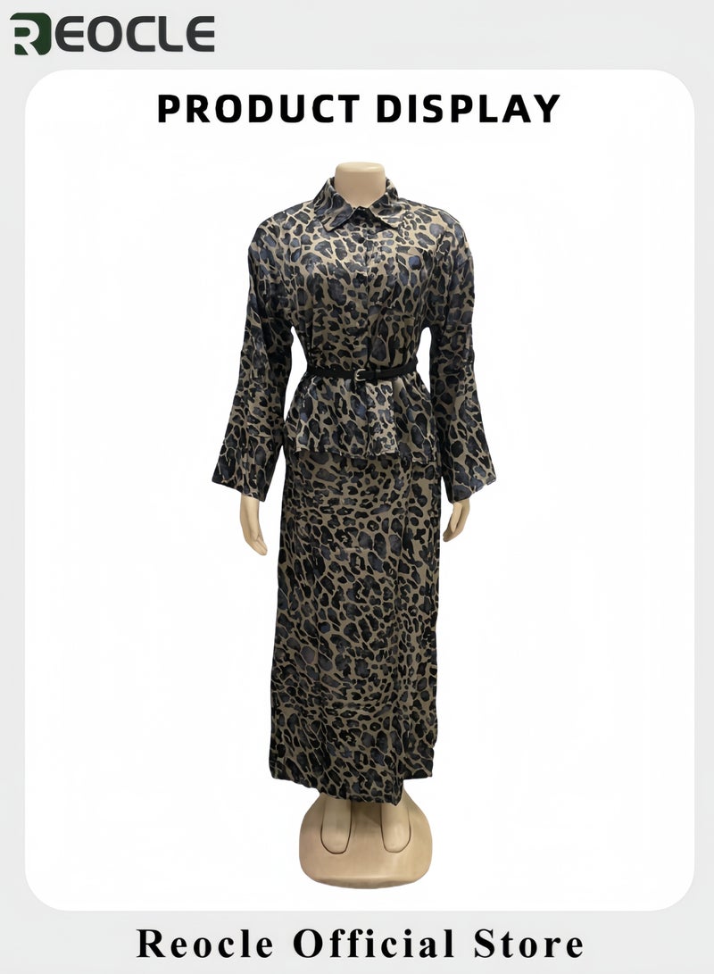 REOCLE Women's Leopard Dresses for Women Elegant and Modern Button Down Long Sleeve Blouse Tops and Long Dress with Black Belt - Image 5