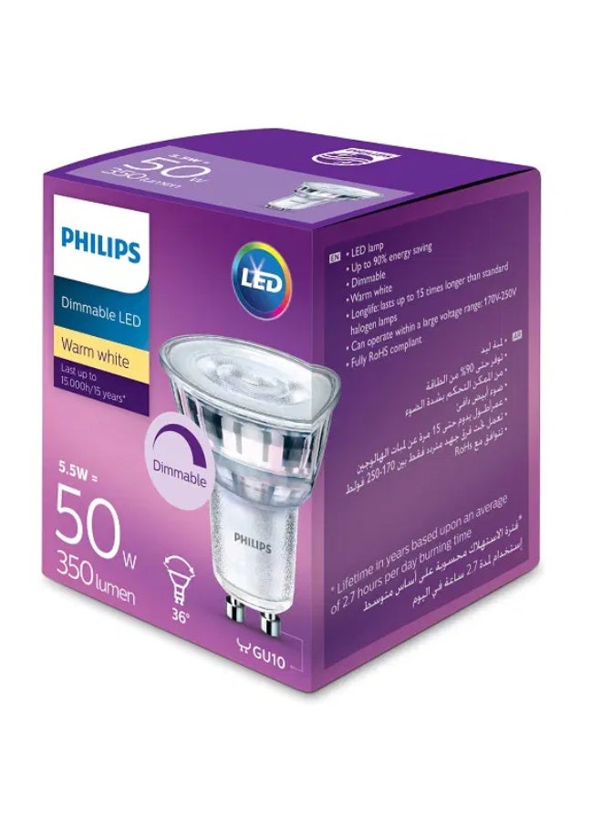 Philips 4.6W - Durable LED accent lighting with a focused bright beam Philips LED spots provide a focused bright beam, an exceptionally long life, and significant energy savings. This spot is the perfect long-lasting replacement for 50W spots with a cap. 4.6-GU10-CCT 3000K - Image 1