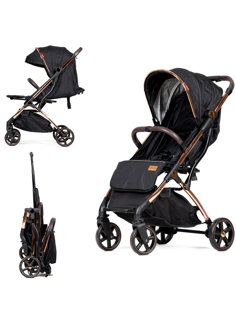 بوبي بابا عربة أطفال فاخرة من – عربة خفيفة الوزن قابلة للطي مع إطار باللون الذهبي الوردي، مقعد قابل للإرجاع، حزام أمان وسلة تخزين – عربة مريحة للسفر للأطفال والرضع - Image 1