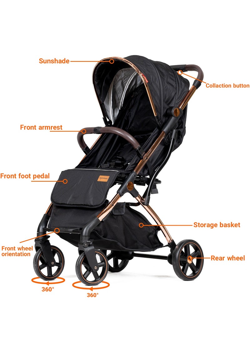 بوبي بابا عربة أطفال فاخرة من – عربة خفيفة الوزن قابلة للطي مع إطار باللون الذهبي الوردي، مقعد قابل للإرجاع، حزام أمان وسلة تخزين – عربة مريحة للسفر للأطفال والرضع - Image 2
