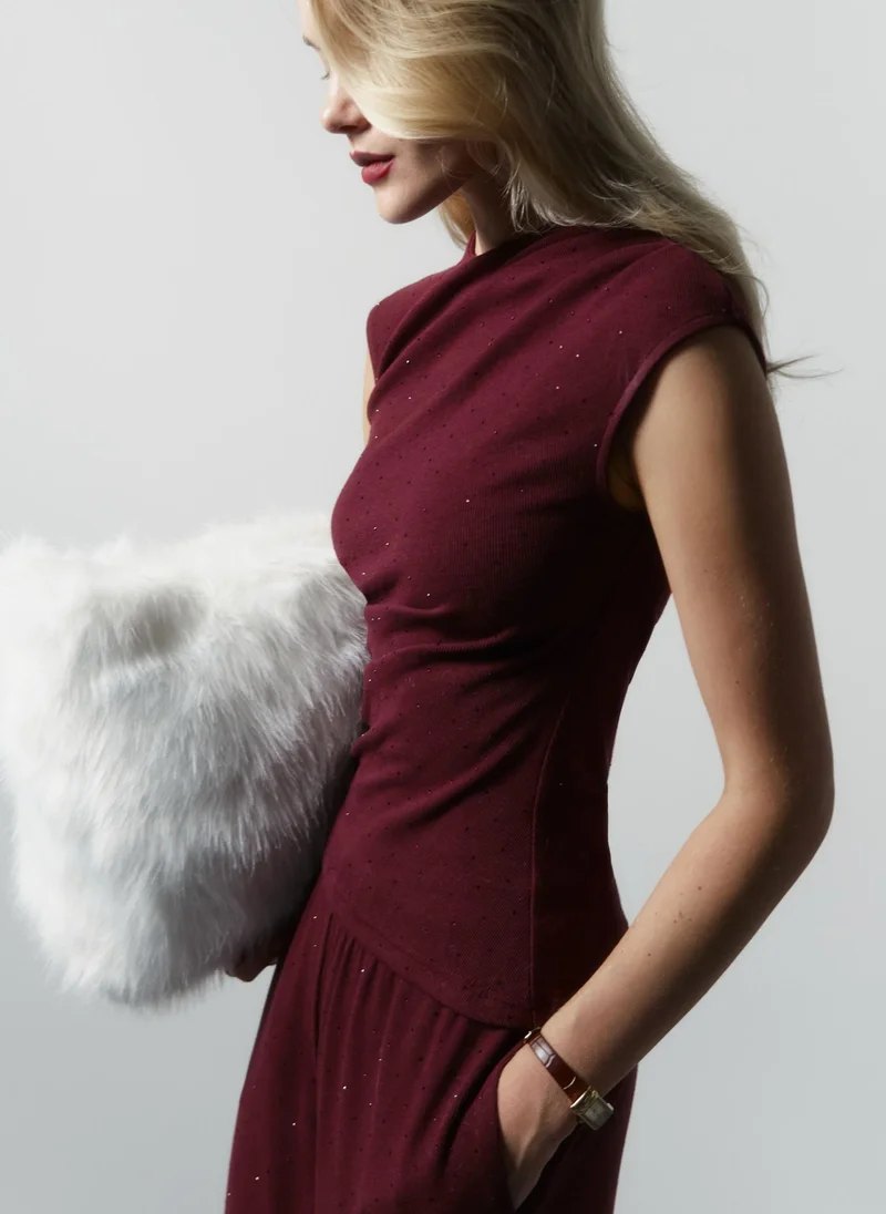 Lichi  Jersey top with small gathers and rhinestones for Women | Best Price UAE