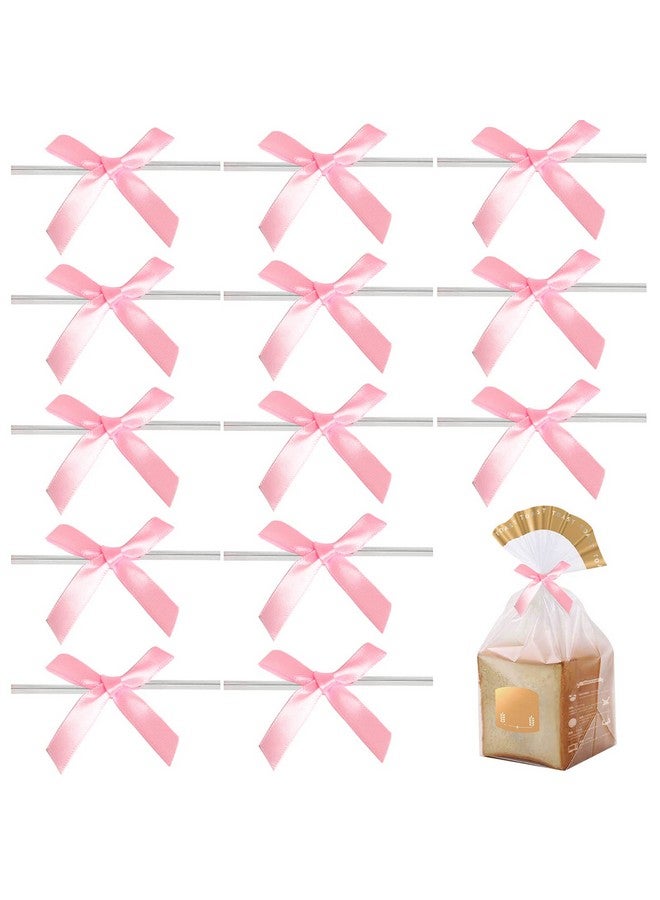Hapy Shop 100 Pack Pink Satin Ribbon Twist Tie Bows For Diy Gift Wrap Decoration,Package Decorating Ribbon Bow, Bowknot For Treat Bags,Gift Bags - Image 1