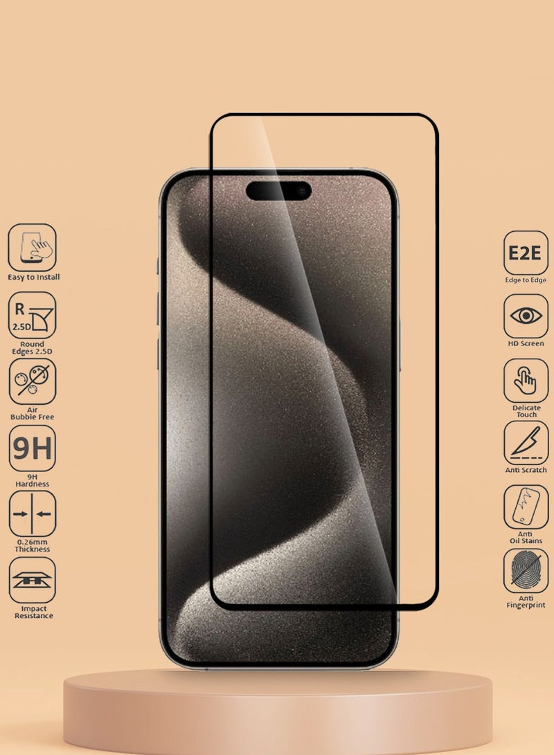 Techie حماية شاشة زجاجية مقسّاة HD بصلابة 9H تغطي كامل الشاشة لجهاز Apple iPhone 15 Pro - مضادة للخدوش، مضادة لبصمات الأصابع، وتقنية خالية من الفقاعات - Image 2