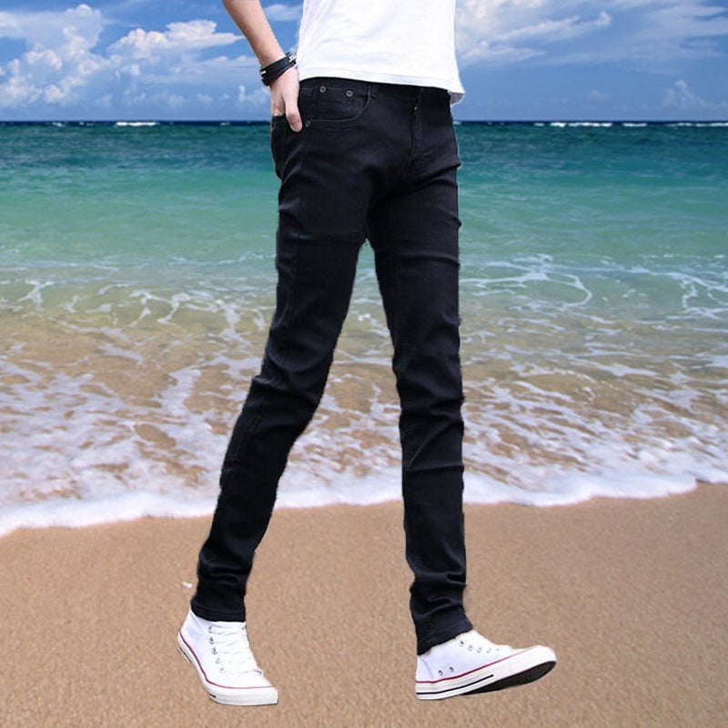 Korean Summer Thin Mens Jeans Casual Slim Trendy Stretch Pure Black Pants Jeans 