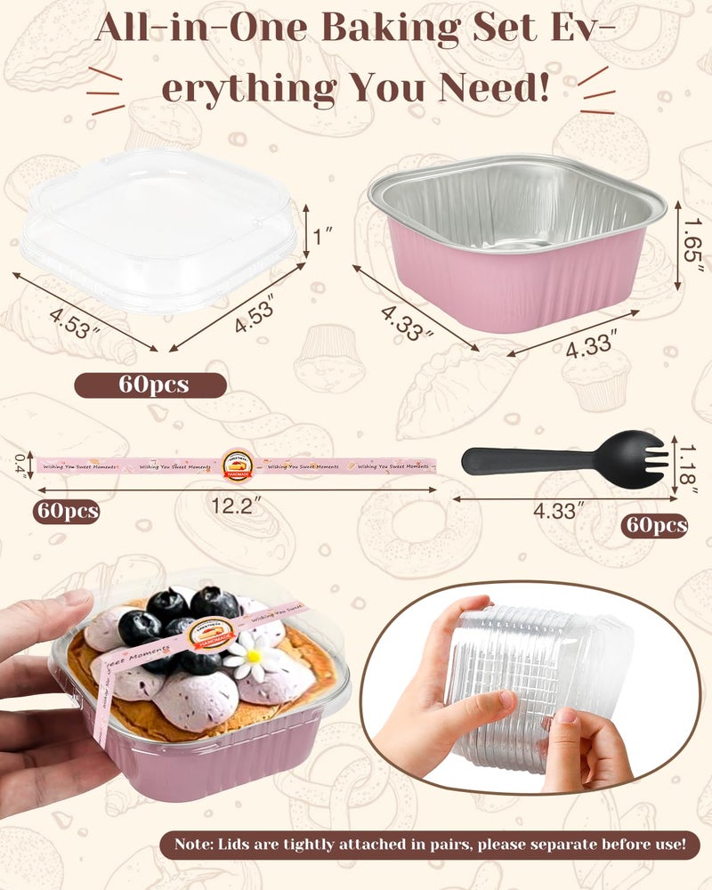 YQER 60 Pack 10oz Mini Cake Pans with Lids, Spoons, Stickers - Disposable Square Brownie Baking Cups - Individual Small Aluminum Foil Loaf Tins for Muffin, Ramekins, Cupcake - Catering, Gift, Pink - Image 2