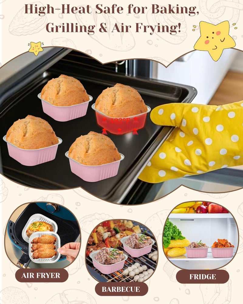 YQER 60 Pack 10oz Mini Cake Pans with Lids, Spoons, Stickers - Disposable Square Brownie Baking Cups - Individual Small Aluminum Foil Loaf Tins for Muffin, Ramekins, Cupcake - Catering, Gift, Pink - Image 4