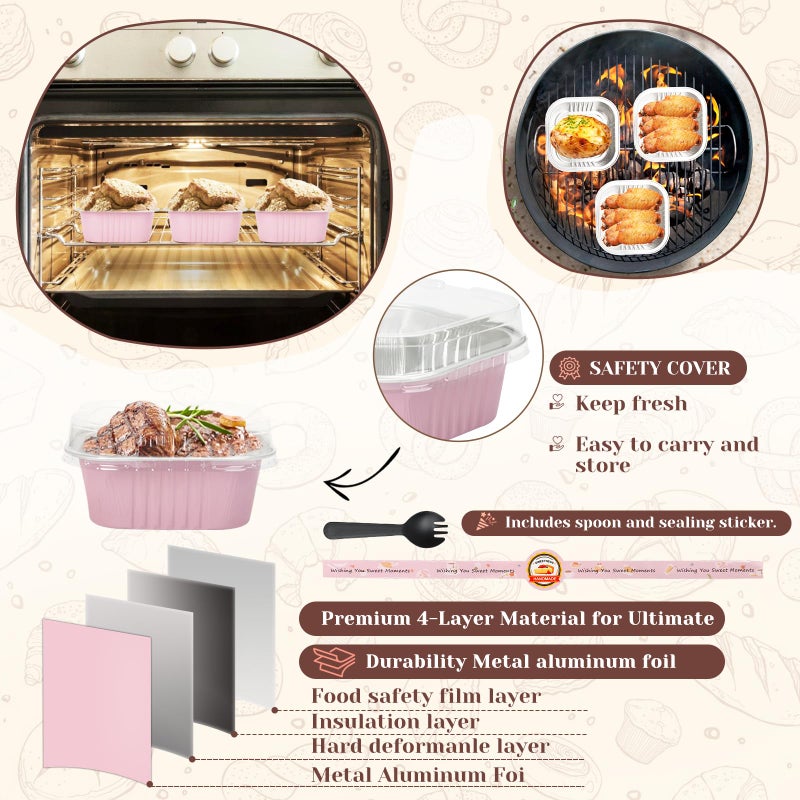 YQER 60 Pack 10oz Mini Cake Pans with Lids, Spoons, Stickers - Disposable Square Brownie Baking Cups - Individual Small Aluminum Foil Loaf Tins for Muffin, Ramekins, Cupcake - Catering, Gift, Pink - Image 5