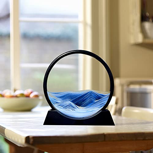 Aoderun Moving Sand Art Picture Round Glass 3D Deep Sea Sandscape in Motion Display Flowing Sand Frame Relaxing Desktop Home Office Work Decor 12 New Blue - Image 5