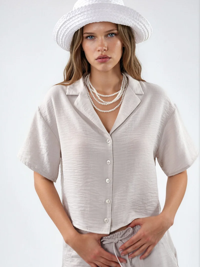 بوسيم BUSEM Textured Crop Shirt with Button Closure