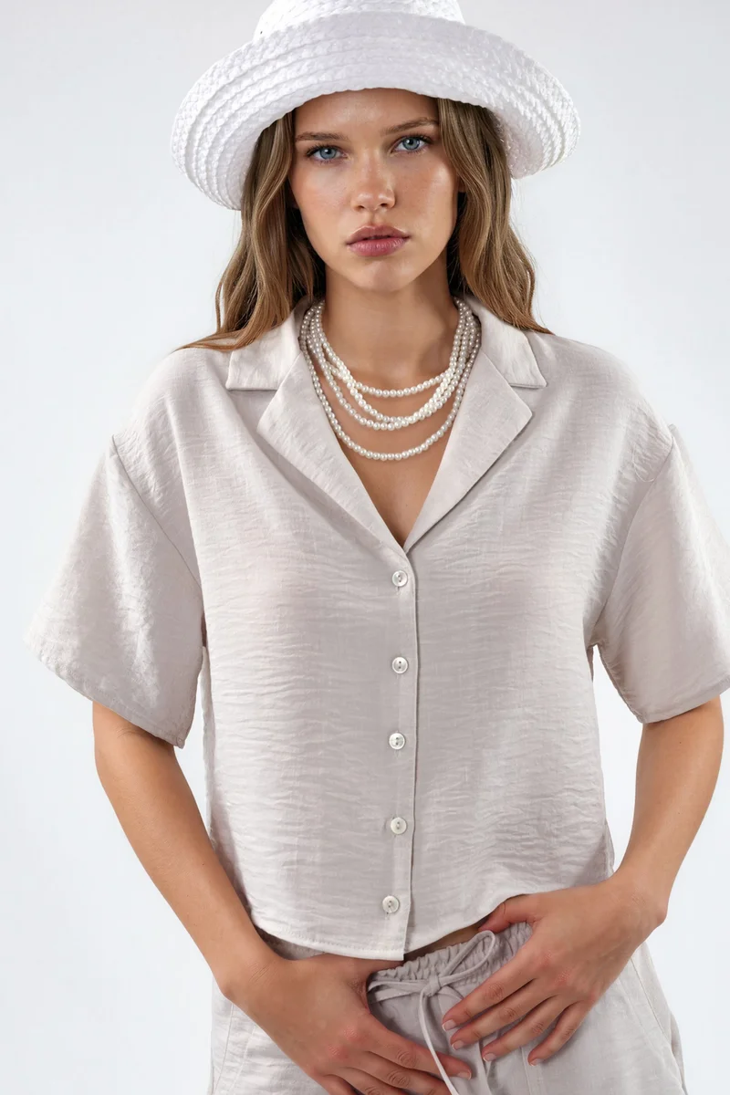 BUSEM Textured Crop Shirt with Button Closure