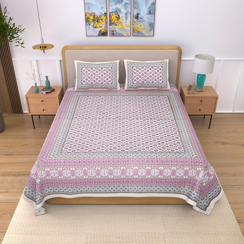 EasyGoods® 100% Pure Cotton Jaipuri Bedsheet with Pillow Covers | Soft & Breathable Fabric | Traditional Floral Print | Cotton Bedsheet (Pink 2, King) - Image 2