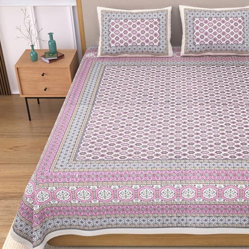 EasyGoods® 100% Pure Cotton Jaipuri Bedsheet with Pillow Covers | Soft & Breathable Fabric | Traditional Floral Print | Cotton Bedsheet (Pink 2, King) - Image 1