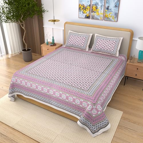 EasyGoods® 100% Pure Cotton Jaipuri Bedsheet with Pillow Covers | Soft & Breathable Fabric | Traditional Floral Print | Cotton Bedsheet (Pink 2, King) - Image 3