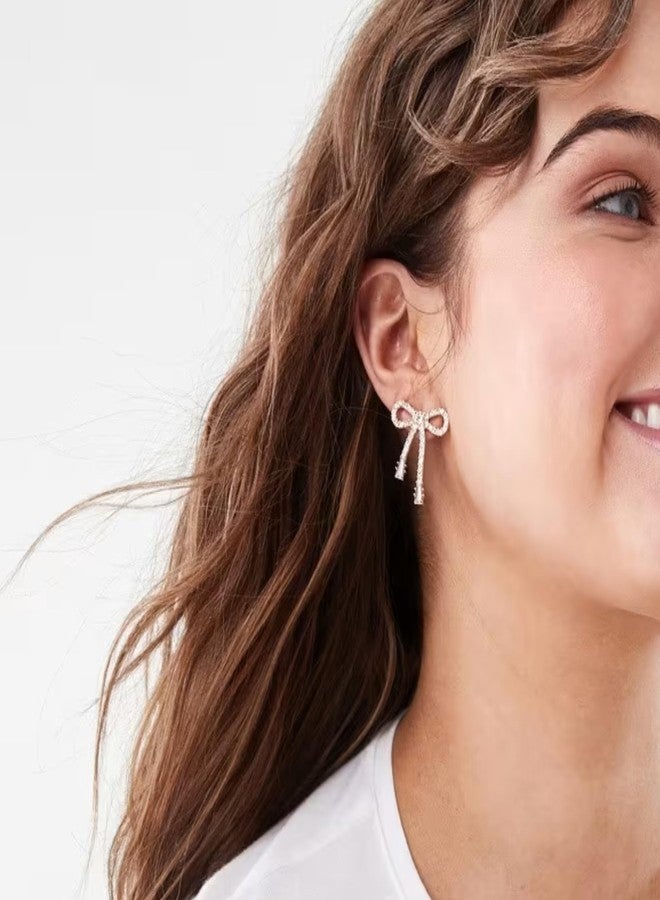 Salve Coquette Zircon Studded Ribbon Bow Earrings for Women | Fashion Jewellery for Women Studs for Girls Stylish | Ear Accessories for Girls Fashion Ear Tops, Aesthetic Jewellery Golden Earrings - Image 4
