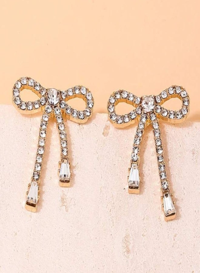 Salve Coquette Zircon Studded Ribbon Bow Earrings for Women | Fashion Jewellery for Women Studs for Girls Stylish | Ear Accessories for Girls Fashion Ear Tops, Aesthetic Jewellery Golden Earrings - Image 3