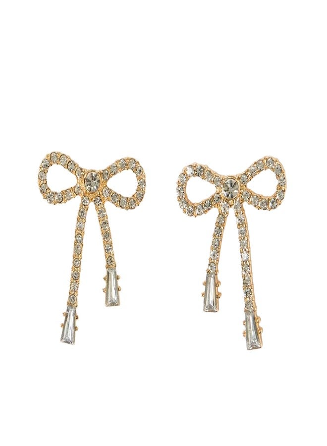 Salve Coquette Zircon Studded Ribbon Bow Earrings for Women | Fashion Jewellery for Women Studs for Girls Stylish | Ear Accessories for Girls Fashion Ear Tops, Aesthetic Jewellery Golden Earrings - Image 1