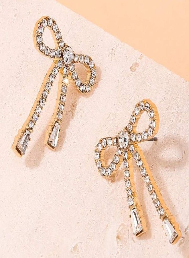 Salve Coquette Zircon Studded Ribbon Bow Earrings for Women | Fashion Jewellery for Women Studs for Girls Stylish | Ear Accessories for Girls Fashion Ear Tops, Aesthetic Jewellery Golden Earrings - Image 2
