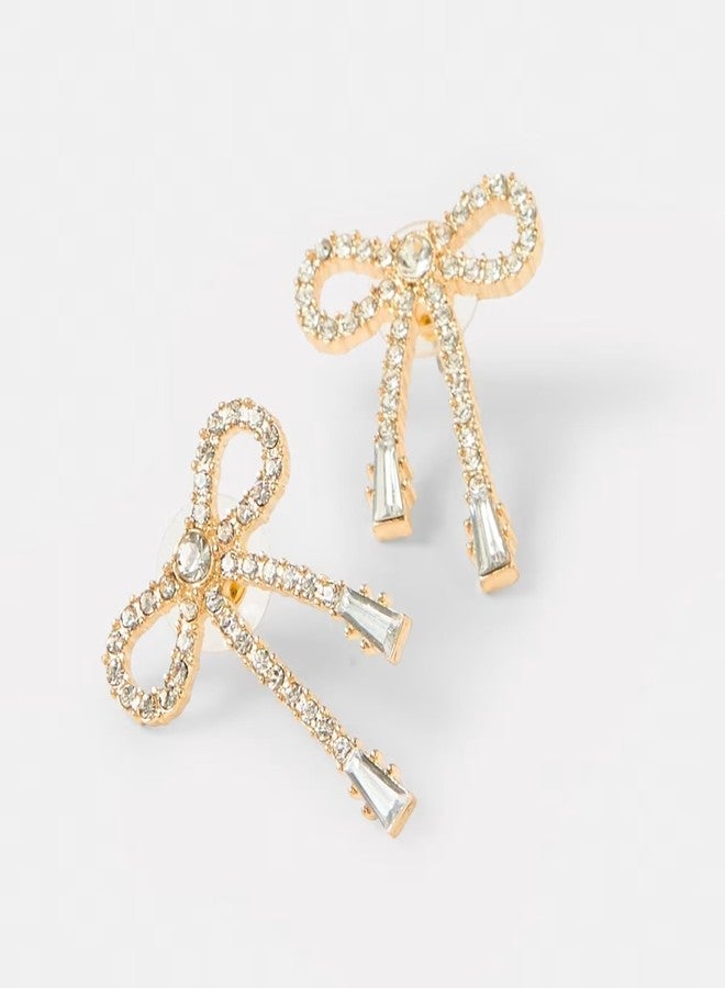 Salve Coquette Zircon Studded Ribbon Bow Earrings for Women | Fashion Jewellery for Women Studs for Girls Stylish | Ear Accessories for Girls Fashion Ear Tops, Aesthetic Jewellery Golden Earrings - Image 5