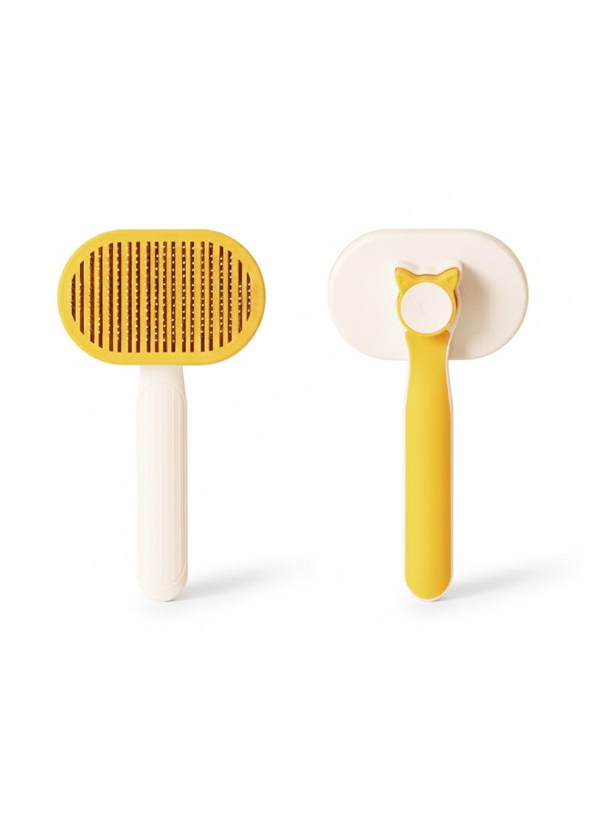 إيبت فرشاة تمشيط شعر الحيوانات الأليفة للقطط والكلاب - فرشاة ذاتية التنظيف بضغطة زر واحدة لإزالة الشعر المتساقط وفك التشابك - أداة تدليك سهلة لإزالة الشعر للحيوانات الأليفة ذات الشعر القصير والطويل (أصفر ووردي) - Image 1