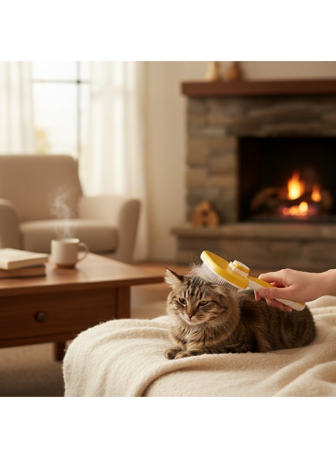 إيبت فرشاة تمشيط شعر الحيوانات الأليفة للقطط والكلاب - فرشاة ذاتية التنظيف بضغطة زر واحدة لإزالة الشعر المتساقط وفك التشابك - أداة تدليك سهلة لإزالة الشعر للحيوانات الأليفة ذات الشعر القصير والطويل (أصفر ووردي) - Image 3