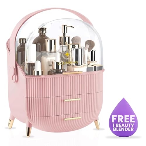 OCEANEVO Cosmetic Makeup Organizer Box for Women with Makeup Sponge, Dressing Table Storage Organizer with Drawer for Skincare, Perfume, Lipstick & Beauty Essentials | Model 2 – Pink - Image 2
