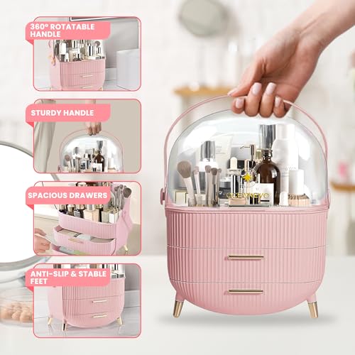 OCEANEVO Cosmetic Makeup Organizer Box for Women with Makeup Sponge, Dressing Table Storage Organizer with Drawer for Skincare, Perfume, Lipstick & Beauty Essentials | Model 2 – Pink - Image 4